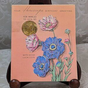 Vintage Horoscope Birthday Card with Aries Good Luck Coin Astrology Zodiac Token